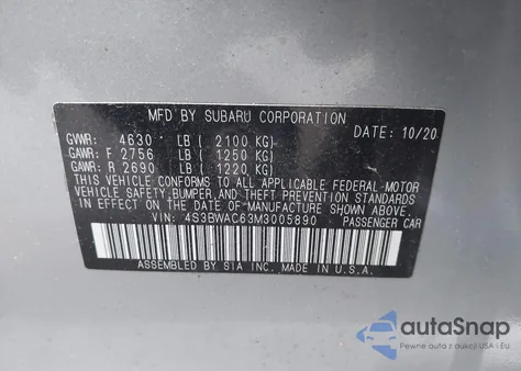 2021 Subaru Legacy Premium z USA, uszkodzony, nr VIN 4S3BWAC63M3005890